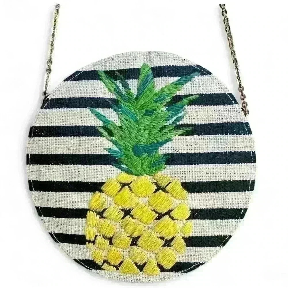 Kayu round straw striped pineapple purse with tassel & chain strap with dust bag - Picture 6 of 11